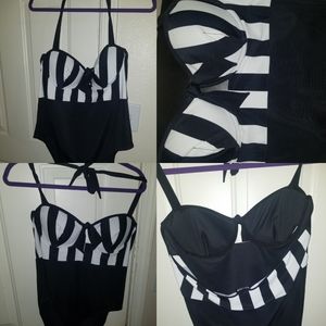 Killstar 3XL Black & White Pin Stripe Rockabilly One Piece Swim Suit